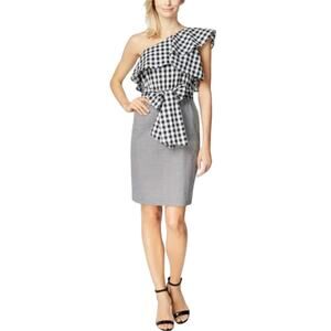 Calvin Klein One Shoulder Gingham Sheath Dress Black and White Size 12